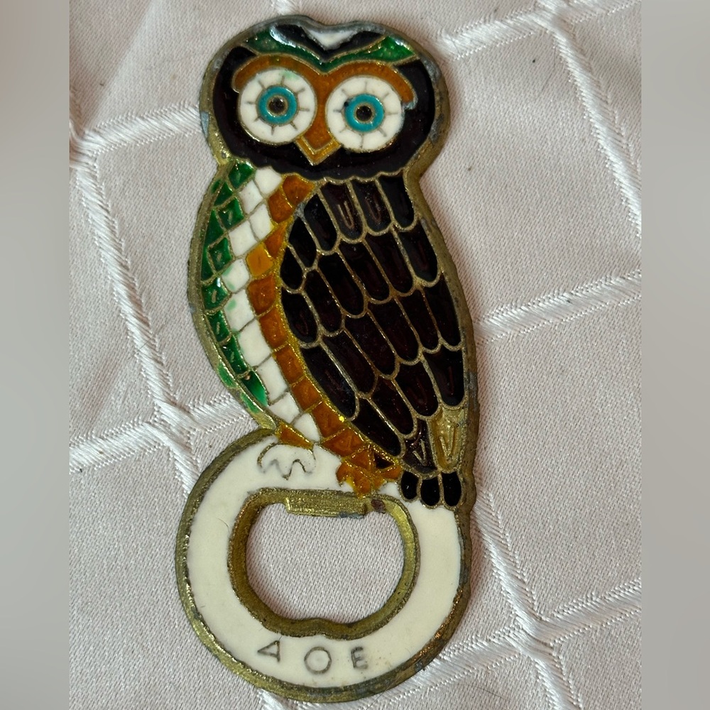 Vintage Greek Enamel Owl On Solid Brass Bottle Opener